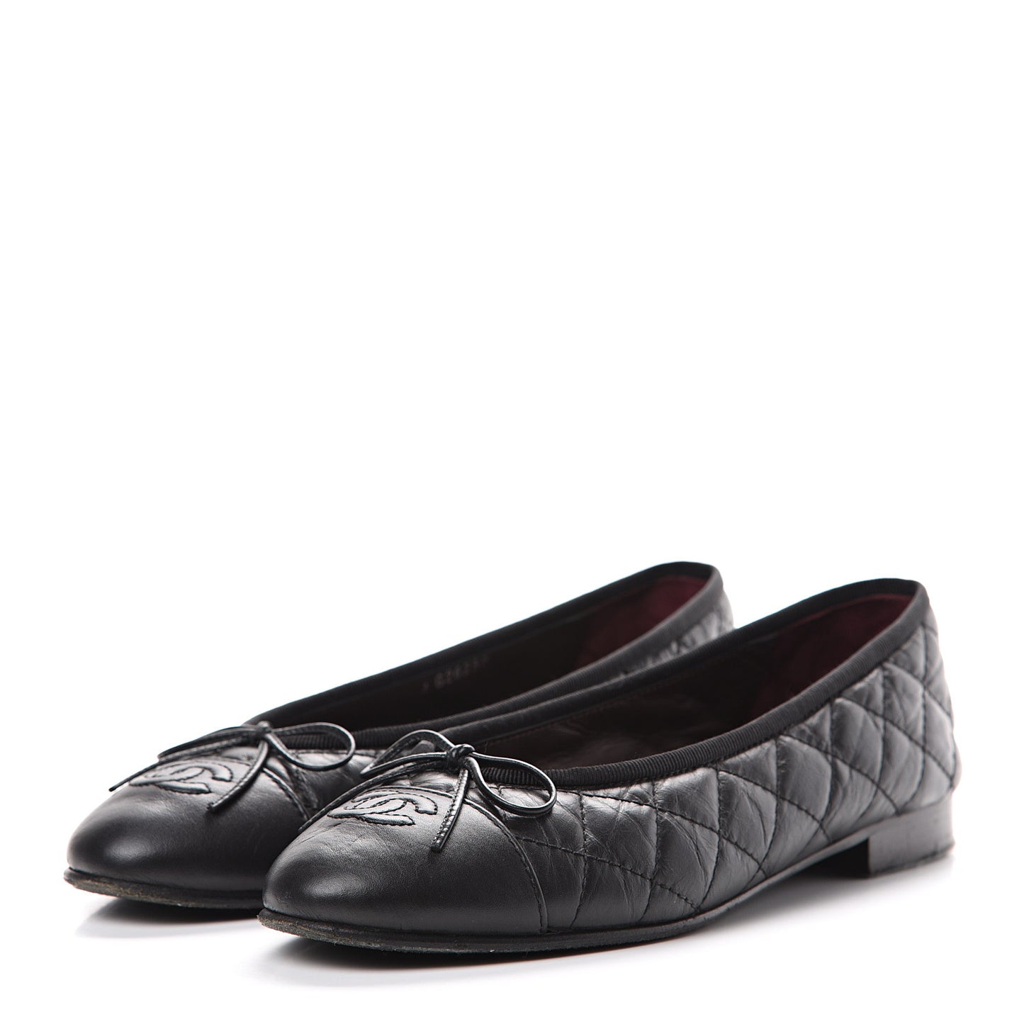 Aged Calfskin Quilted Cap Toe Ballerina Flats 37.5 Black