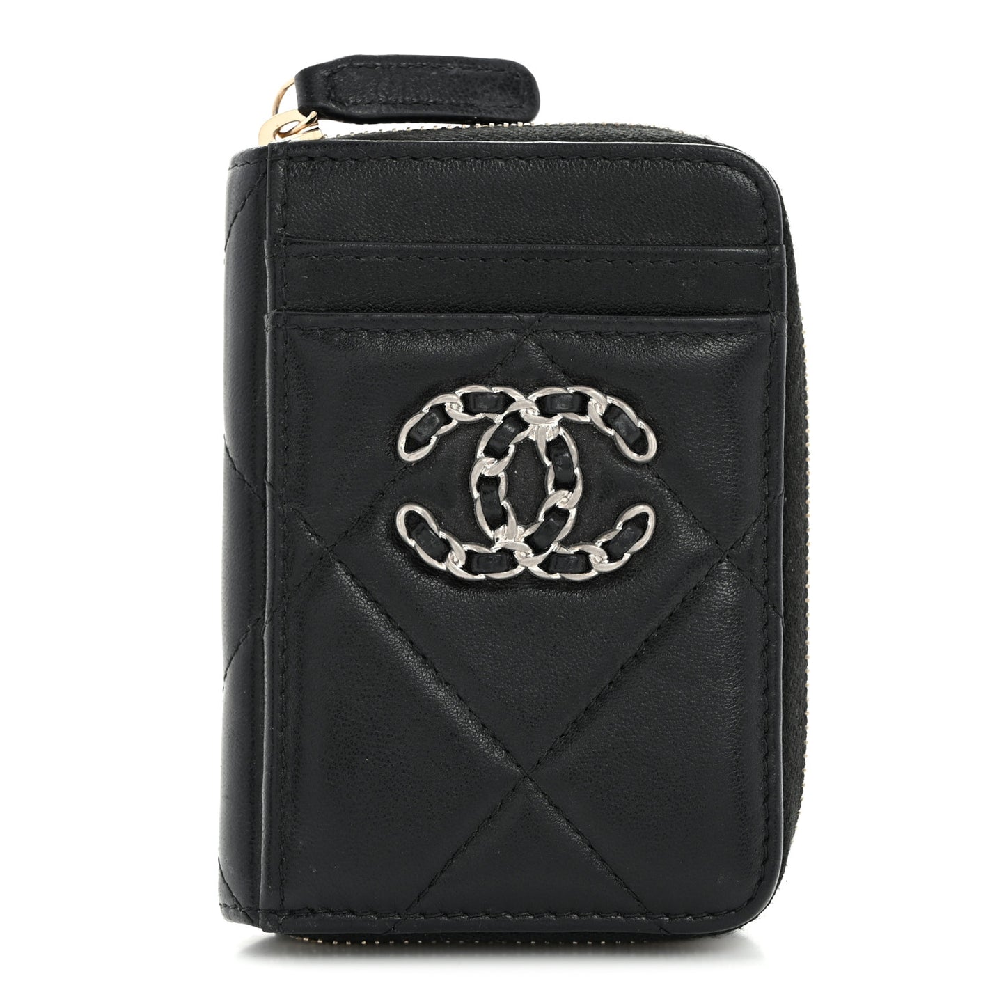 Lambskin Quilted Chanel 19 Vertical Zip Card Holder Wallet Black