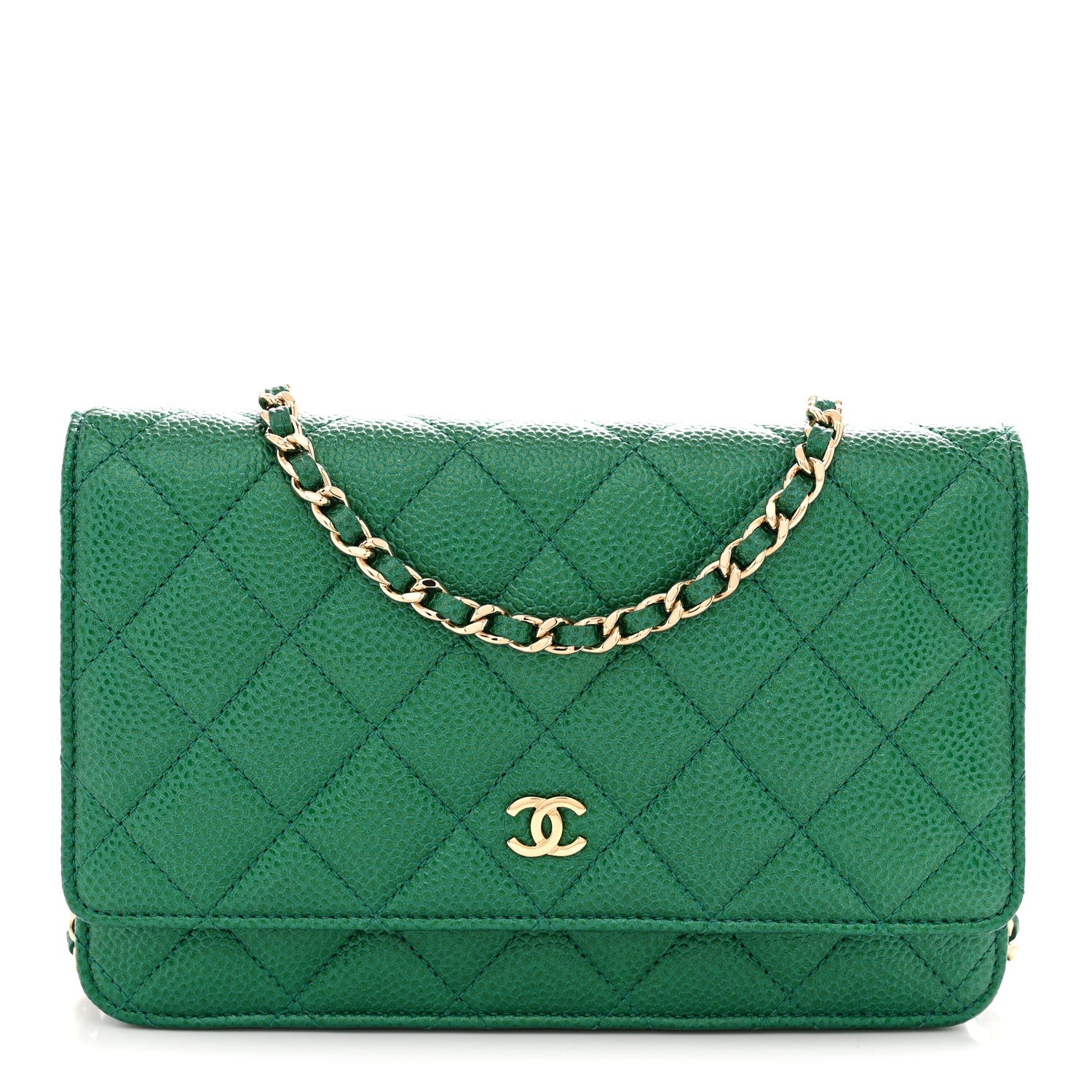 Chanel Metallic Caviar Quilted Wallet On Chain WOC Green 1 of 11