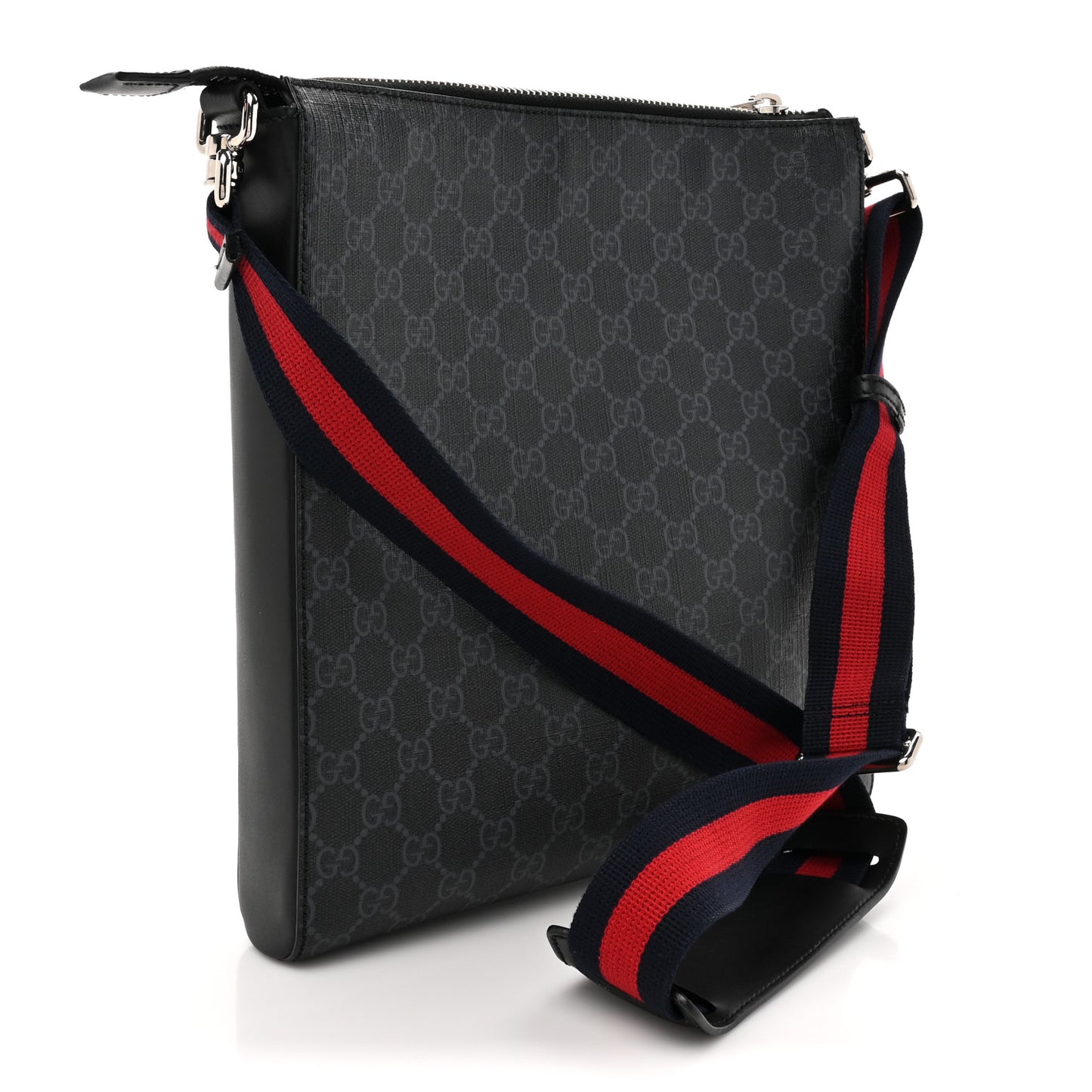 GG Supreme Monogram Appia Calfskin Web Flat Messenger Bag Black Grey