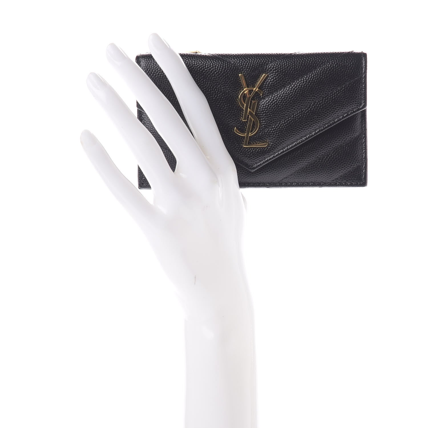 Saint Laurent Grain De Poudre Matelasse Chevron Monogram Compact Wallet Black 2 of 7