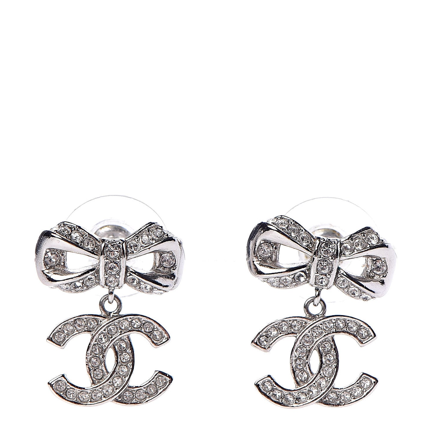 Crystal CC Bow Drop Earrings Silver