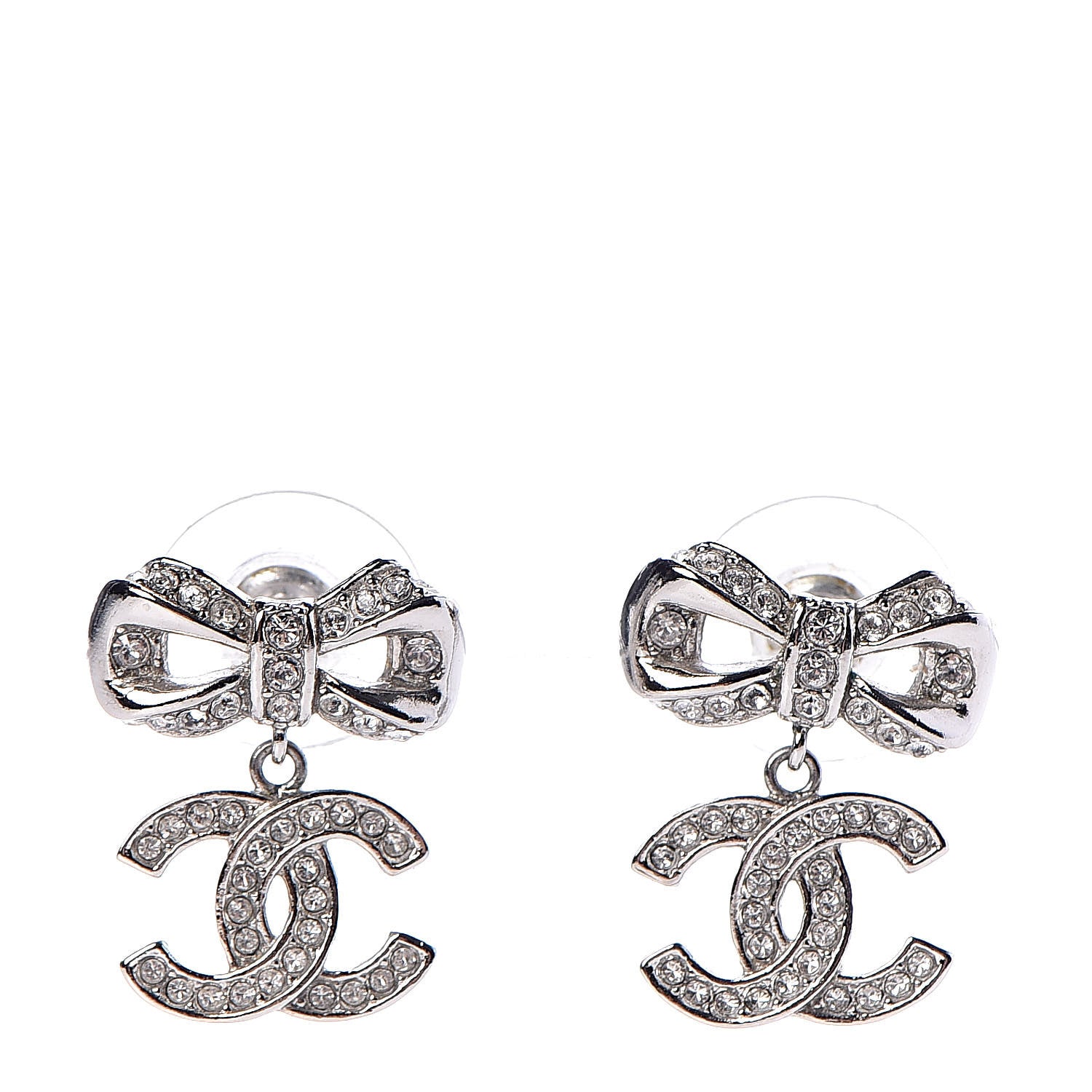 Chanel Crystal CC Bow Drop Earrings Silver 1 of 5
