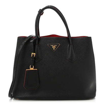 Prada Saffiano Cuir Medium Double Bag Black Fuoco 1 of 11