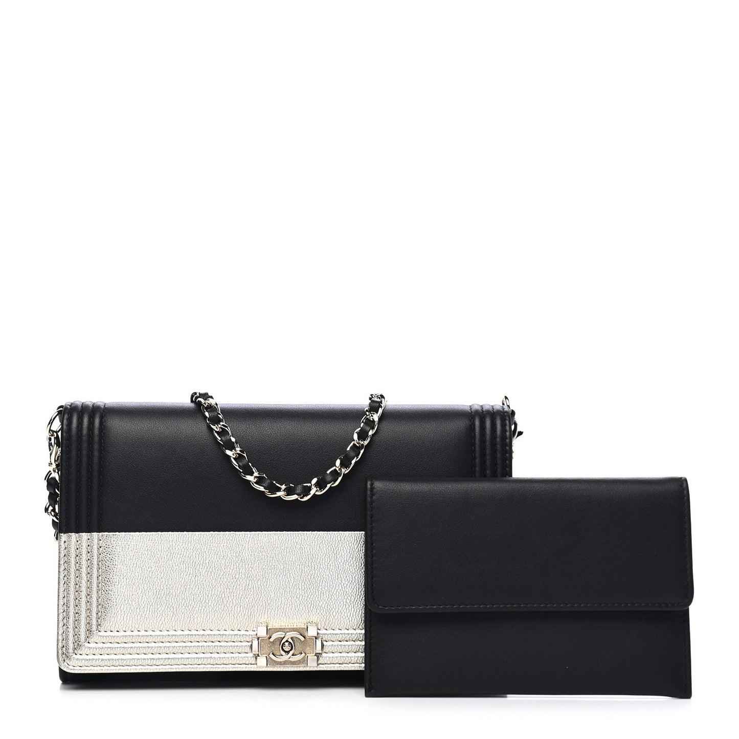 Metallic Goatskin Lambskin Boy Wallet on Chain WOC Black Gold