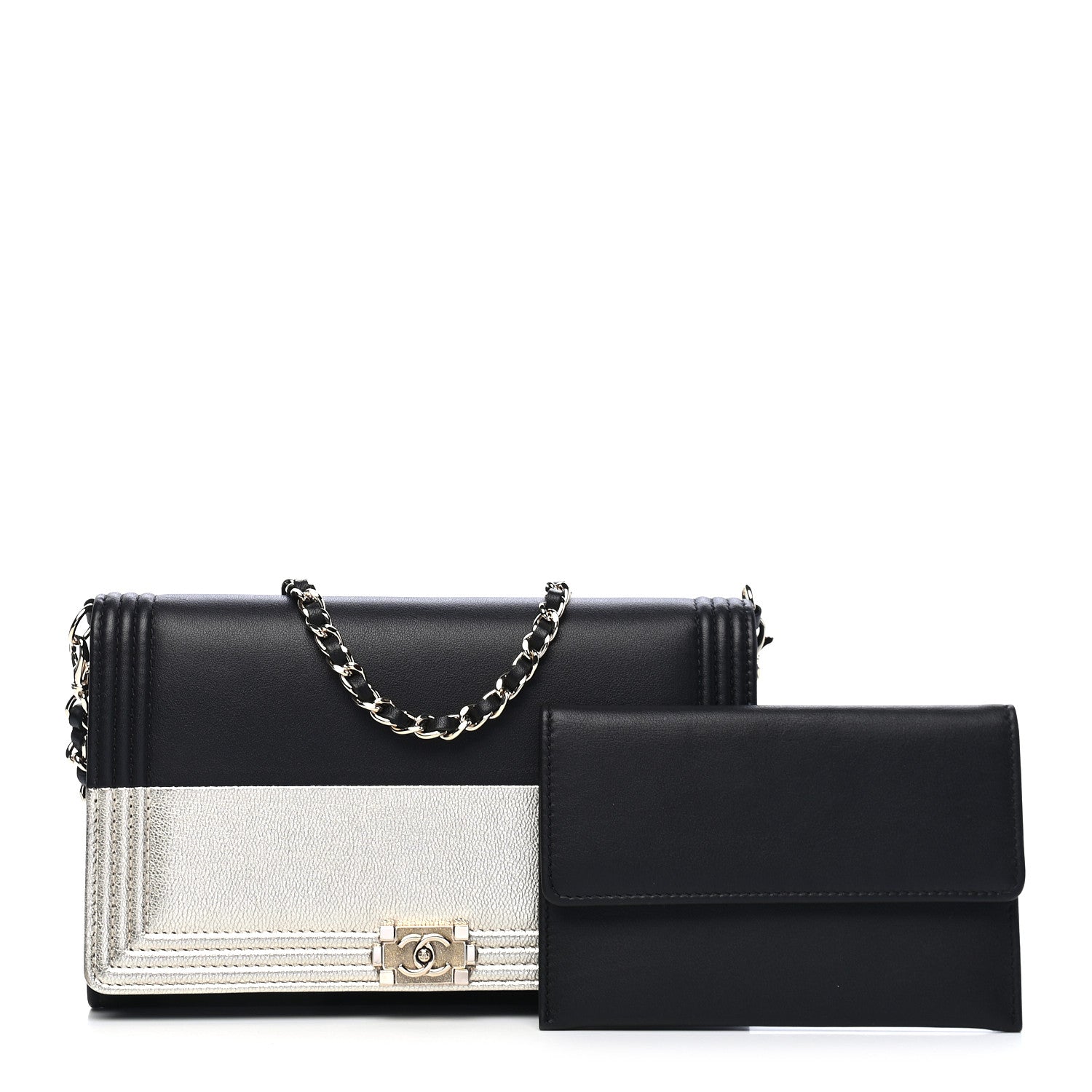 Chanel Metallic Goatskin Lambskin Boy Wallet on Chain WOC Black Gold 1 of 10