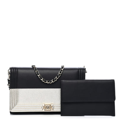 Chanel Metallic Goatskin Lambskin Boy Wallet on Chain WOC Black Gold 1 of 10