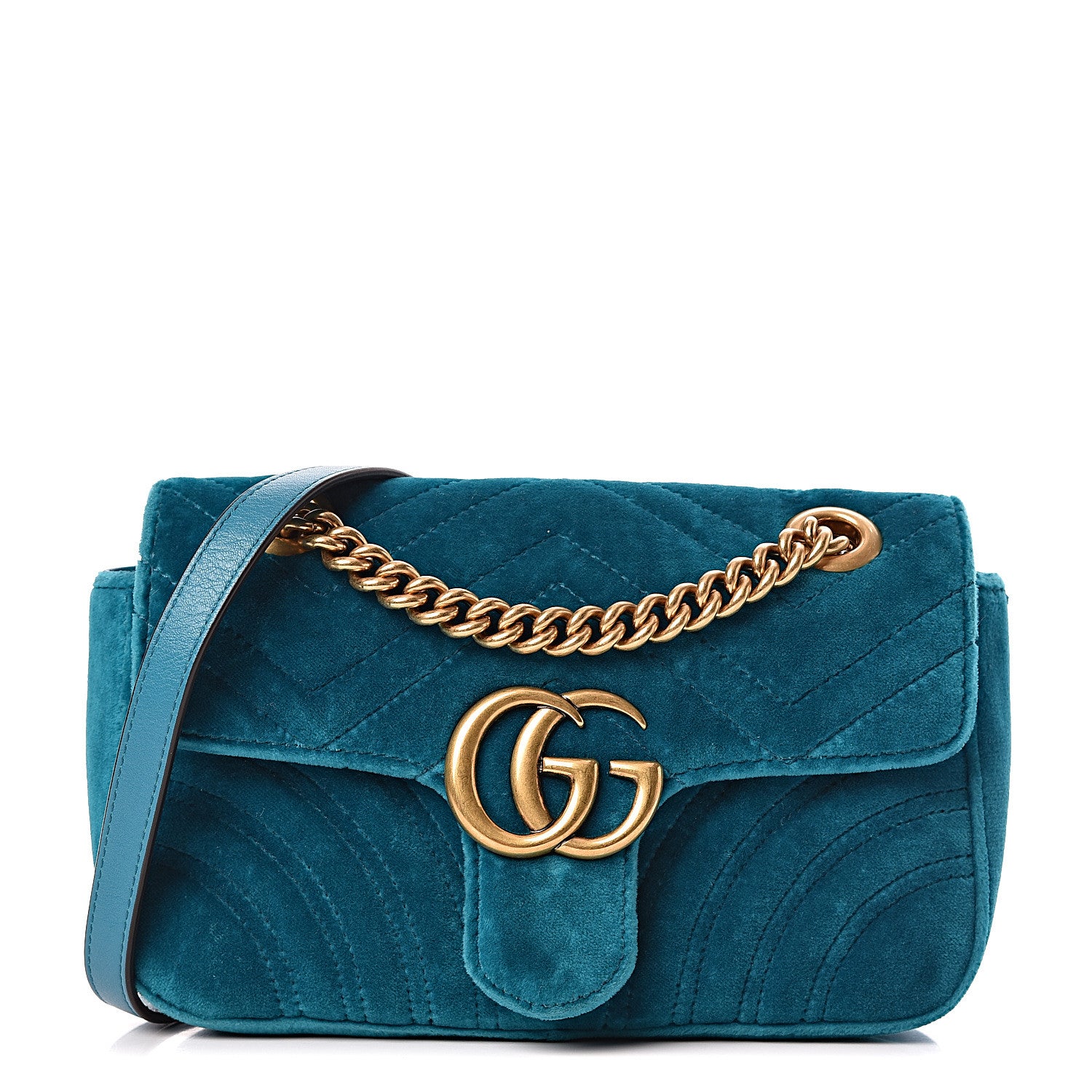 Gucci Velvet Matelasse Mini GG Marmont Shoulder Bag Pavone Cyan 1 of 13