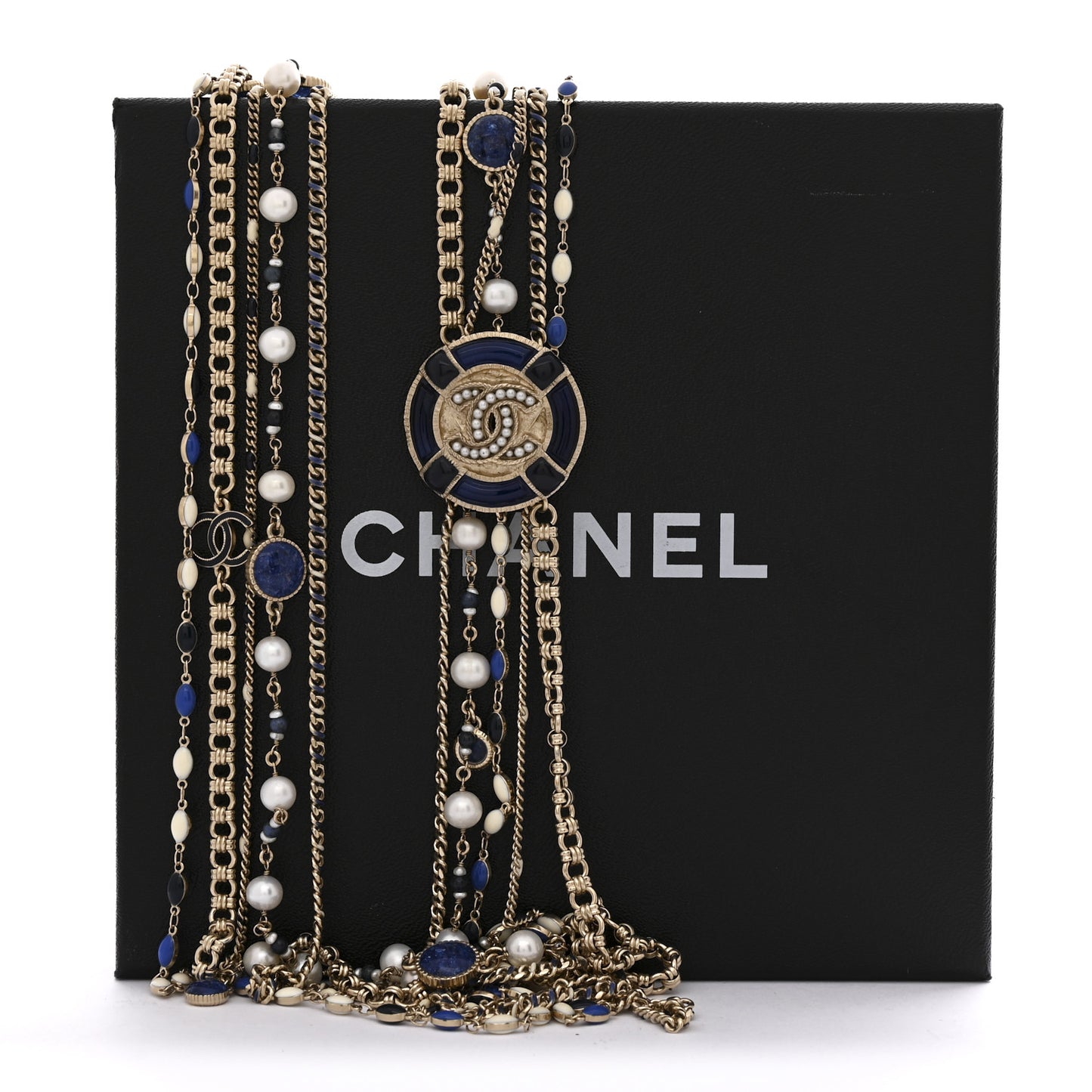 Pearl Resin Beaded CC Long Multi Strand Necklace Blue Gold Multicolor