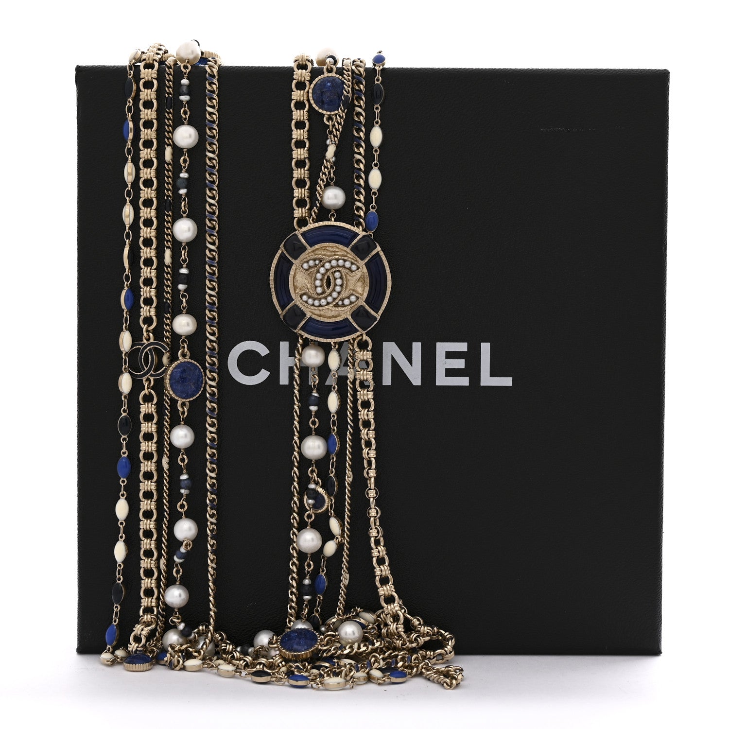 Chanel Pearl Resin Beaded CC Long Multi Strand Necklace Blue Gold Multicolor 7 of 7