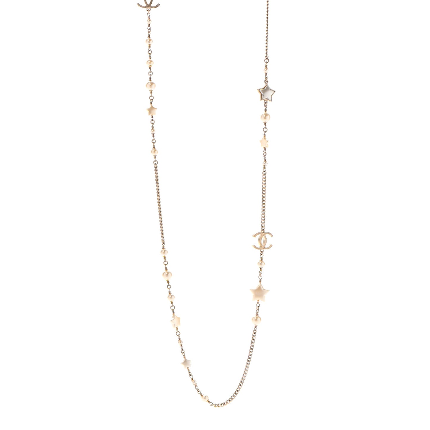 Metal Resin Pearl Star CC Necklace Gold
