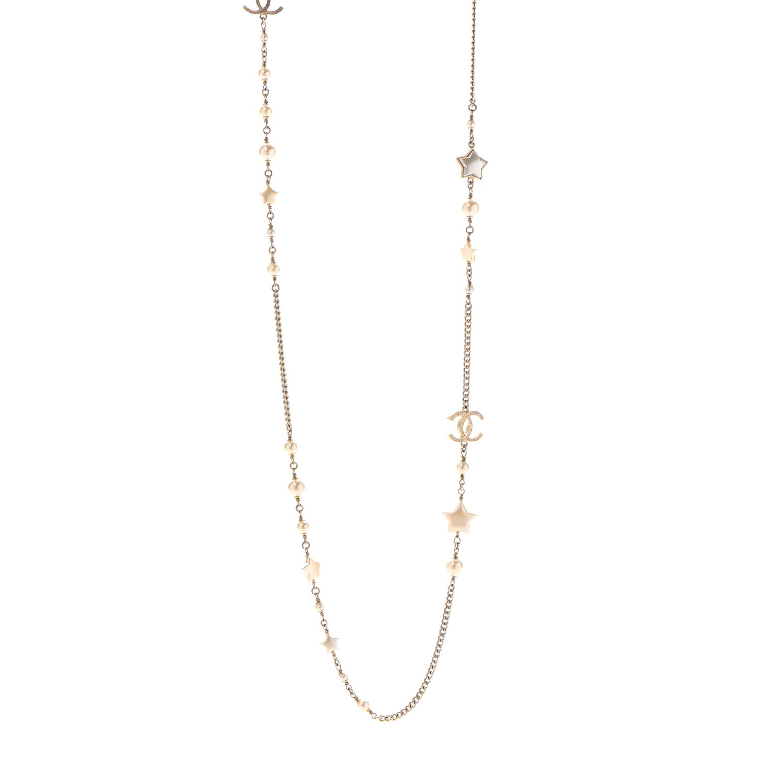 Chanel Metal Resin Pearl Star CC Necklace Gold 1 of 6