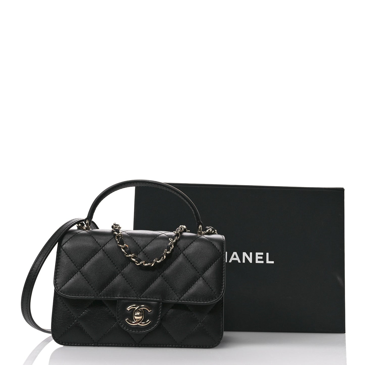 Calfskin Quilted Small Top Handle Flap Black