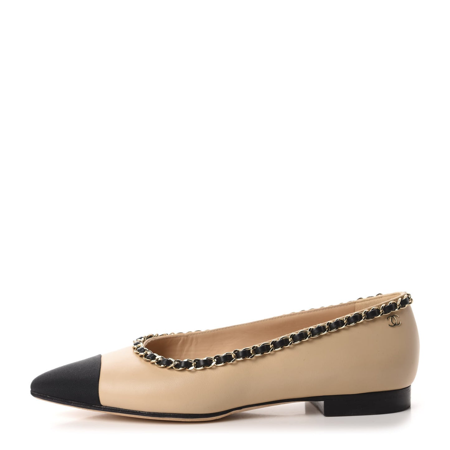 Lambskin Grosgrain Chain Cap Toe Flats 37 Beige Black