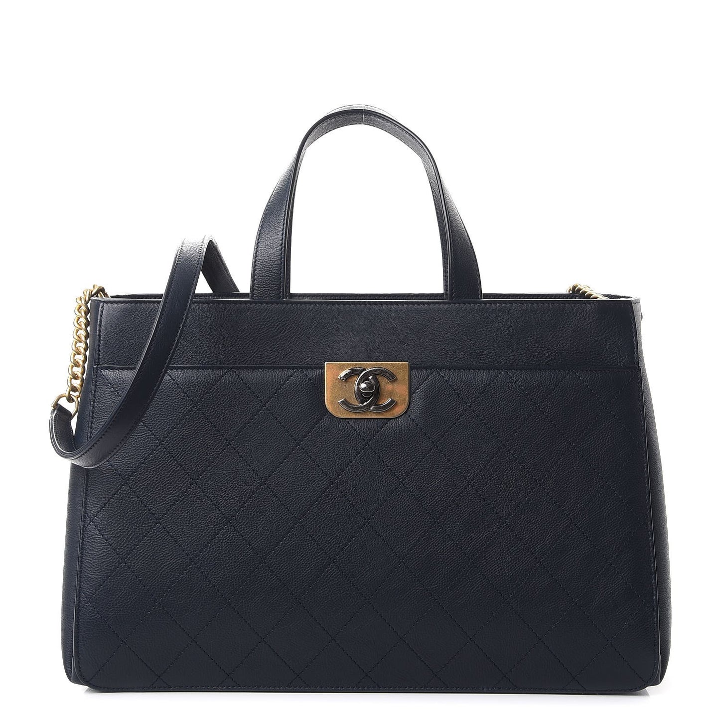Calfskin Stitched Large Straight Lines Shopping Tote Navy
