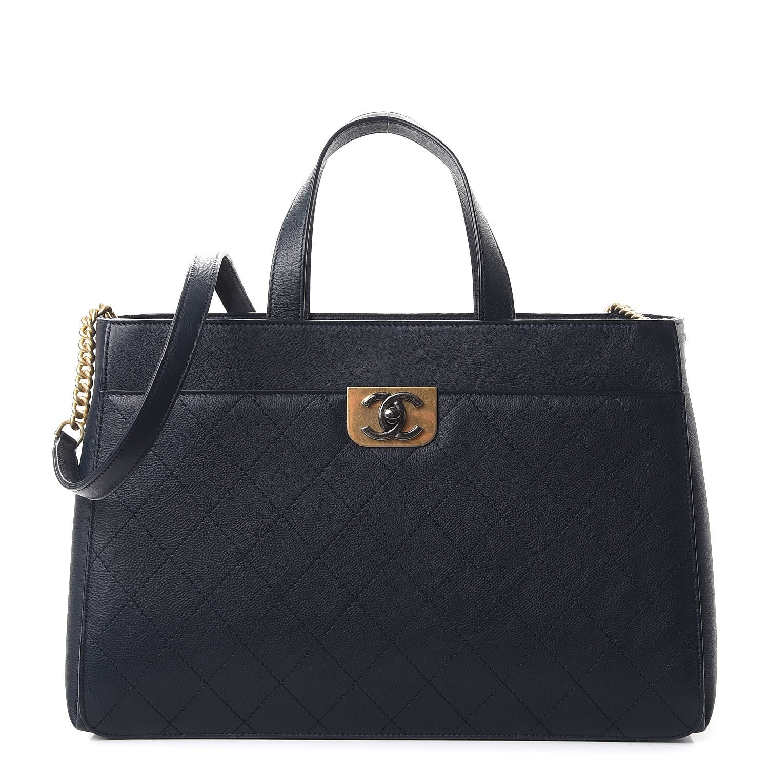 Chanel Calfskin Stitched Large Straight Lines Shopping Tote Navy 1 of 11