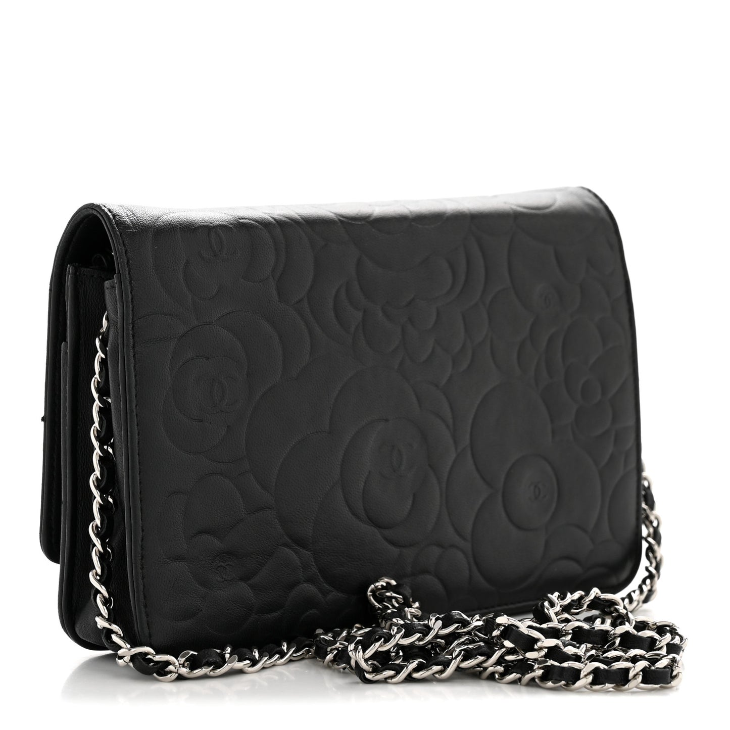 Lambskin Camellia Embossed Wallet On Chain WOC Black