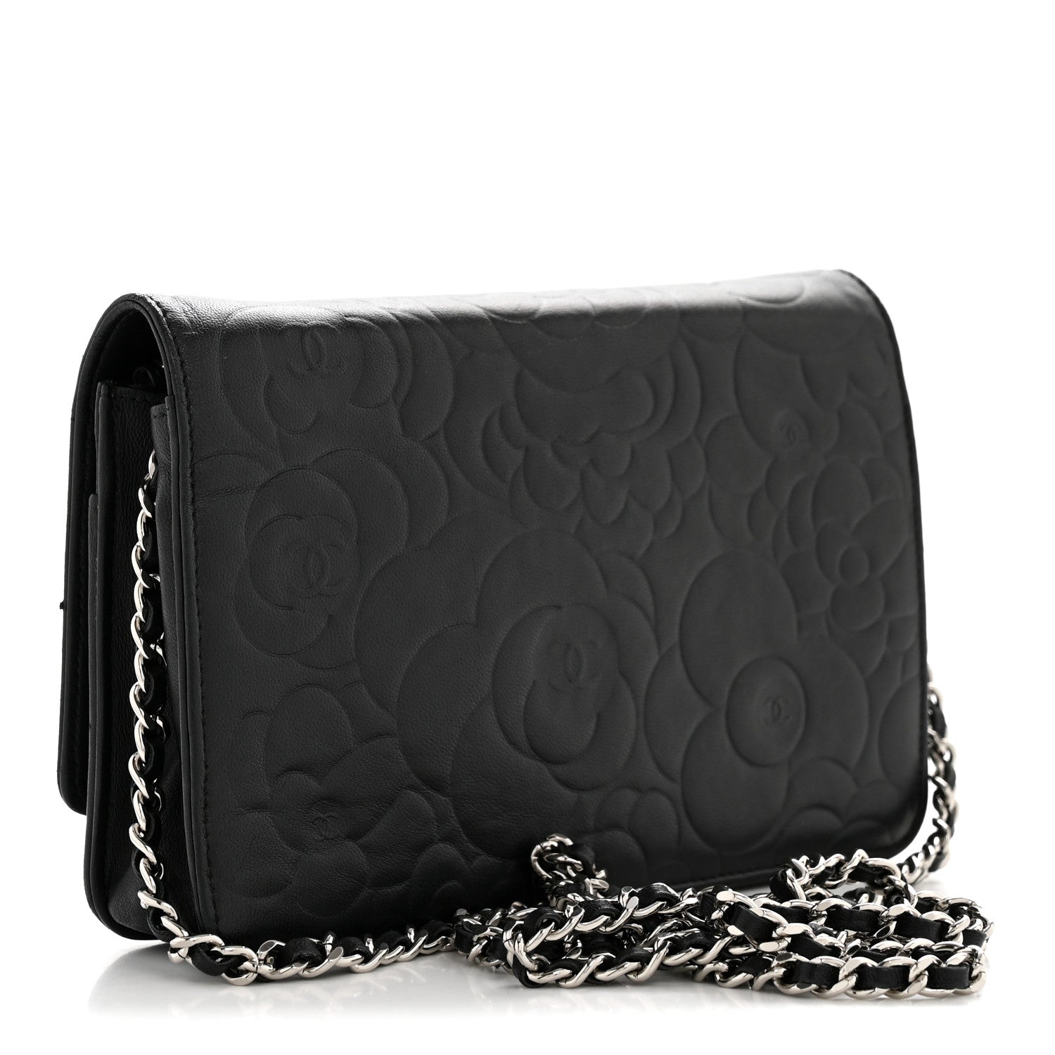 Chanel Lambskin Camellia Embossed Wallet On Chain WOC Black 3 of 14