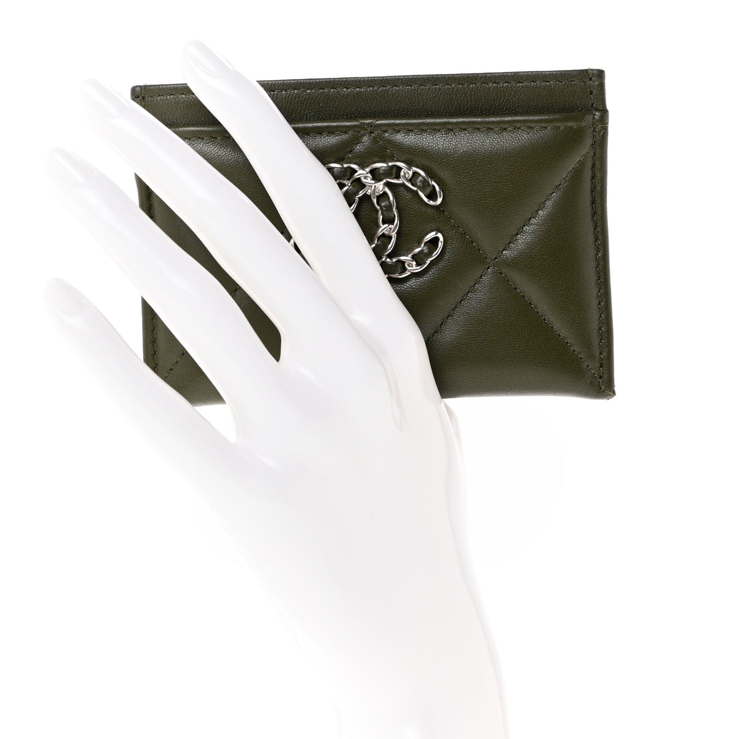 Lambskin Quilted Chanel 19 Card Holder Khaki