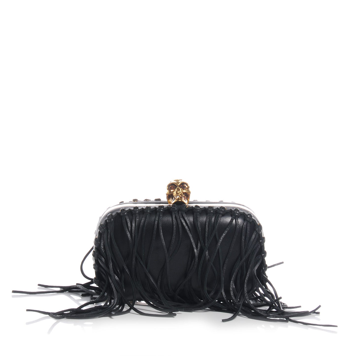 Leather Fringe Skull Box Clutch Black