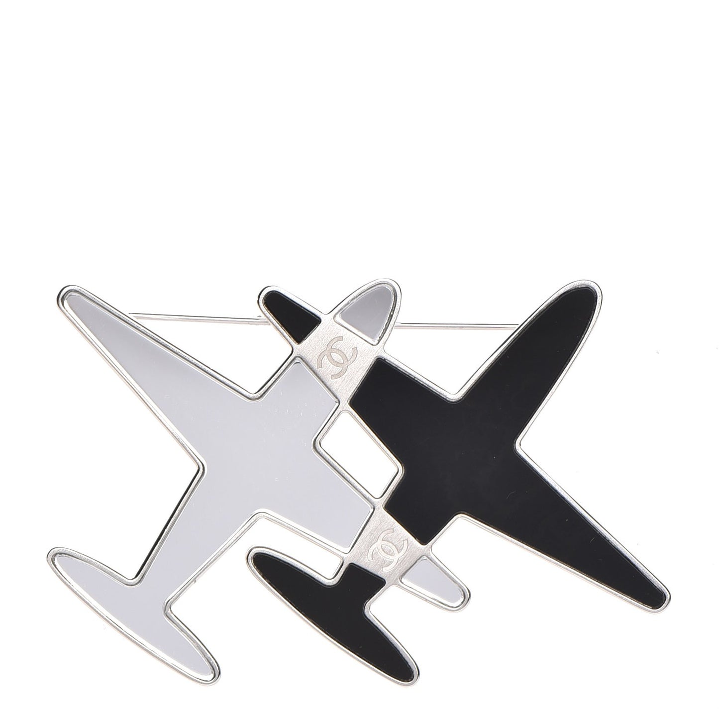 Metal Resin Mirror CC Airplane Brooch Black Silver