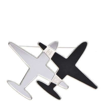 Chanel Metal Resin Mirror CC Airplane Brooch Black Silver 1 of 5