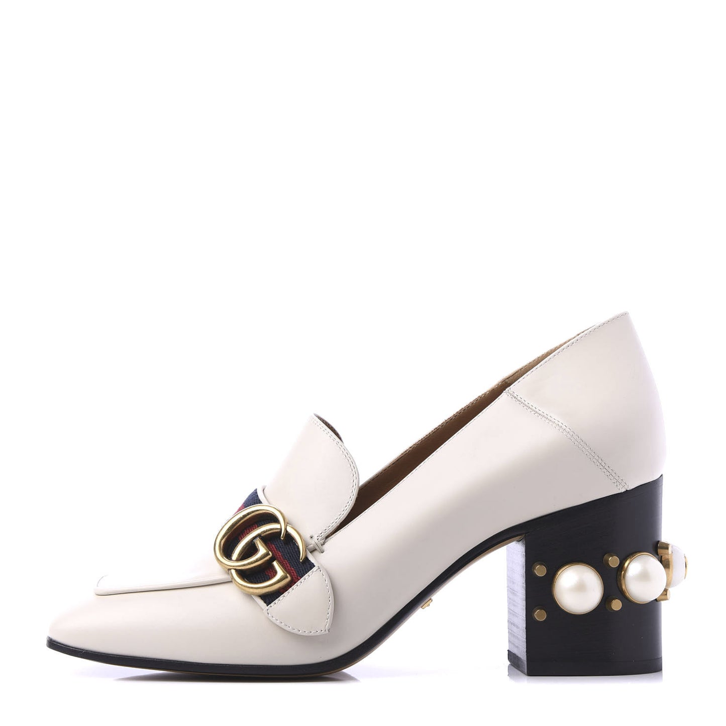 Betis Glamour Calfskin Web Pearl Embellished Peyton 75mm Loafer Pumps 38 Mystic White
