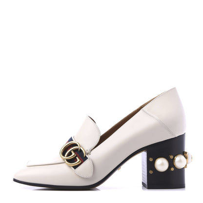 Gucci Betis Glamour Calfskin Web Pearl Embellished Peyton 75mm Loafer Pumps 38 Mystic White 1 of 9