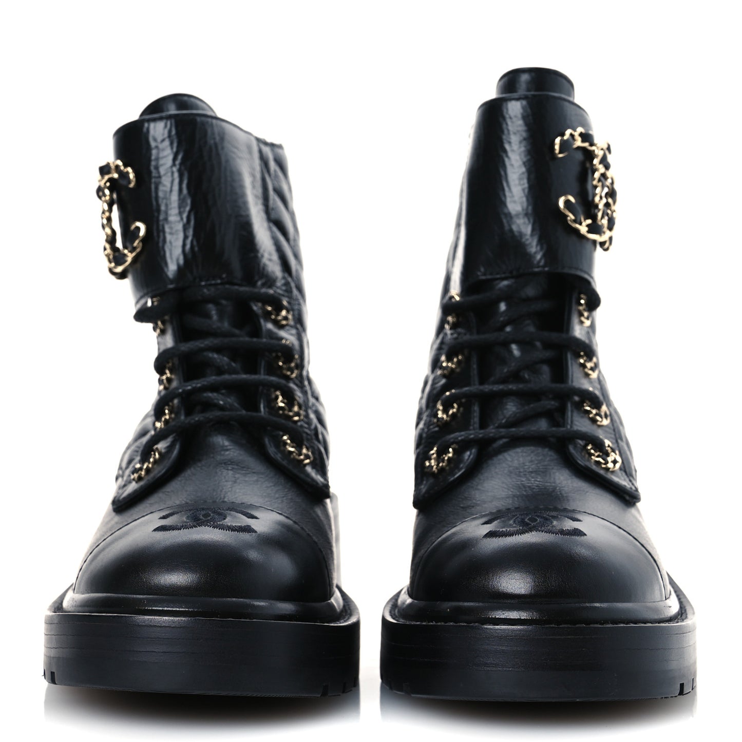 Shiny Calfskin Quilted Lace Up Combat Boots 37 Black