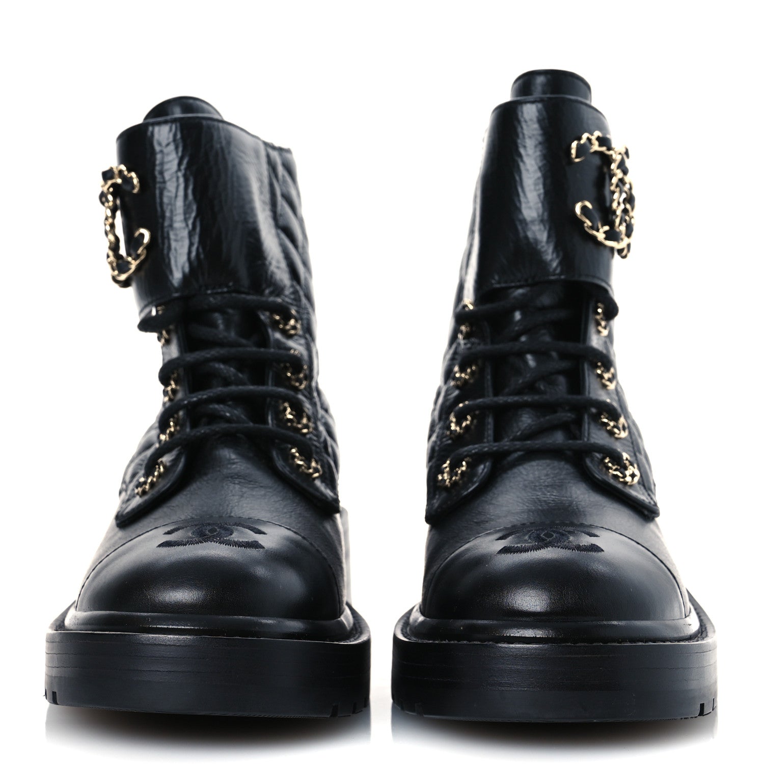 Chanel Shiny Calfskin Quilted Lace Up Combat Boots 37 Black 3 of 9