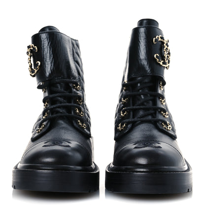 Chanel Shiny Calfskin Quilted Lace Up Combat Boots 37 Black 3 of 9