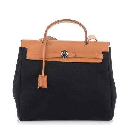 Hermes Toile Vache Calfskin Herbag 30 PM Black Natural 1 of 11