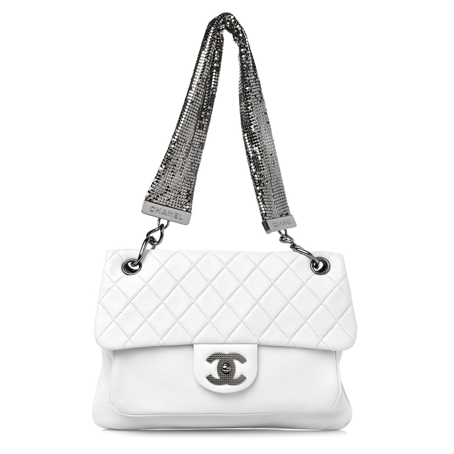 Lambskin Quilted Chain Mail Shoulder Bag White