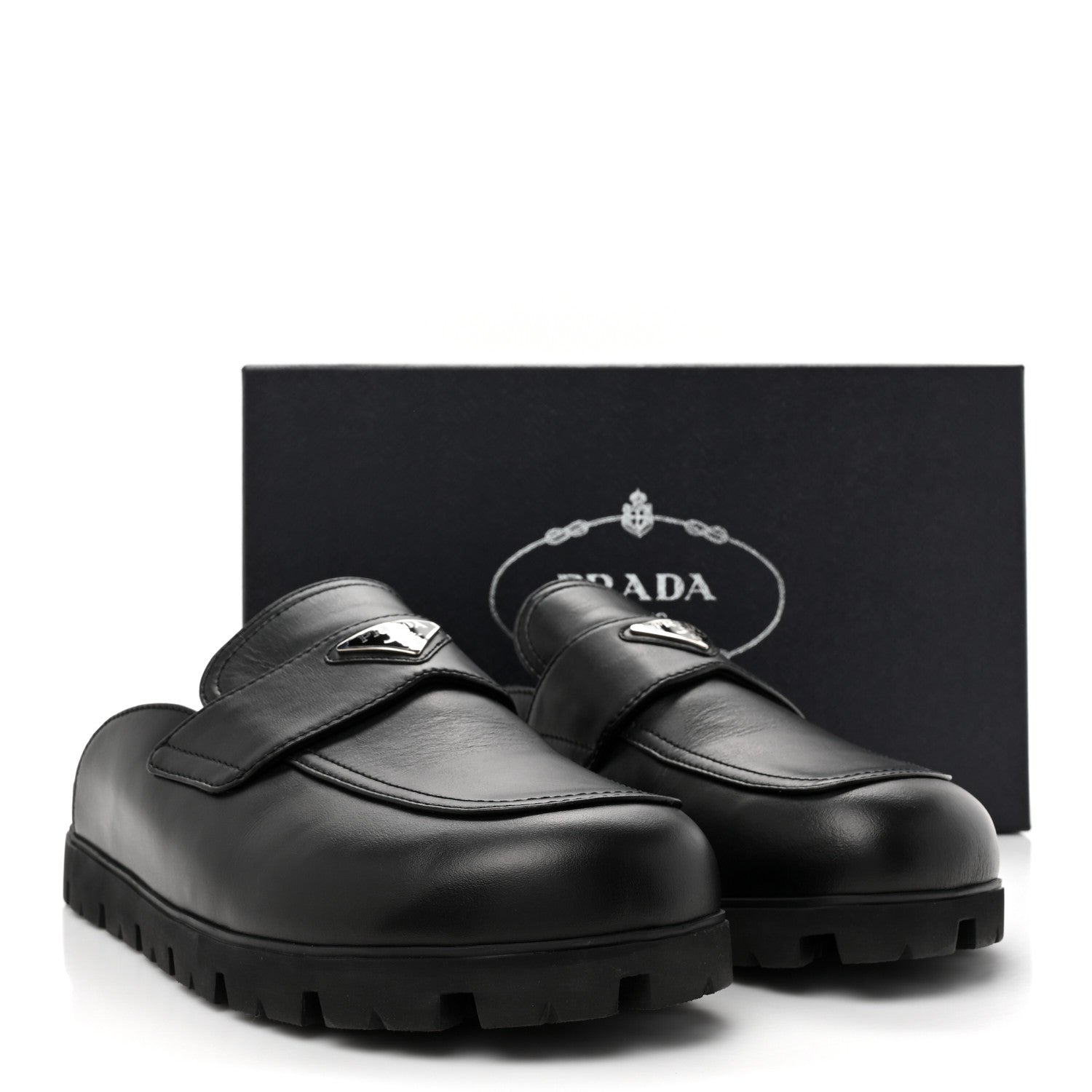 Prada City Calfskin Triangle Mens 20mm Flat Mules 12 Black 10 of 10
