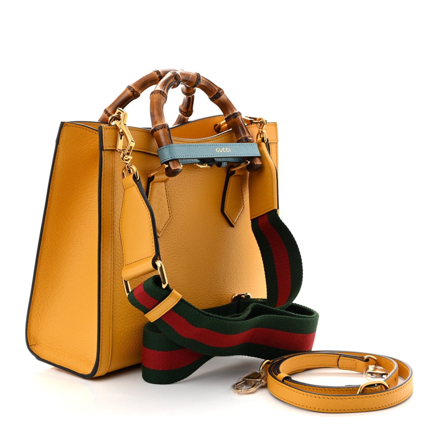 Textured Dollar Calfskin Web Small Diana Tote Bag Yellow Dusty Azure