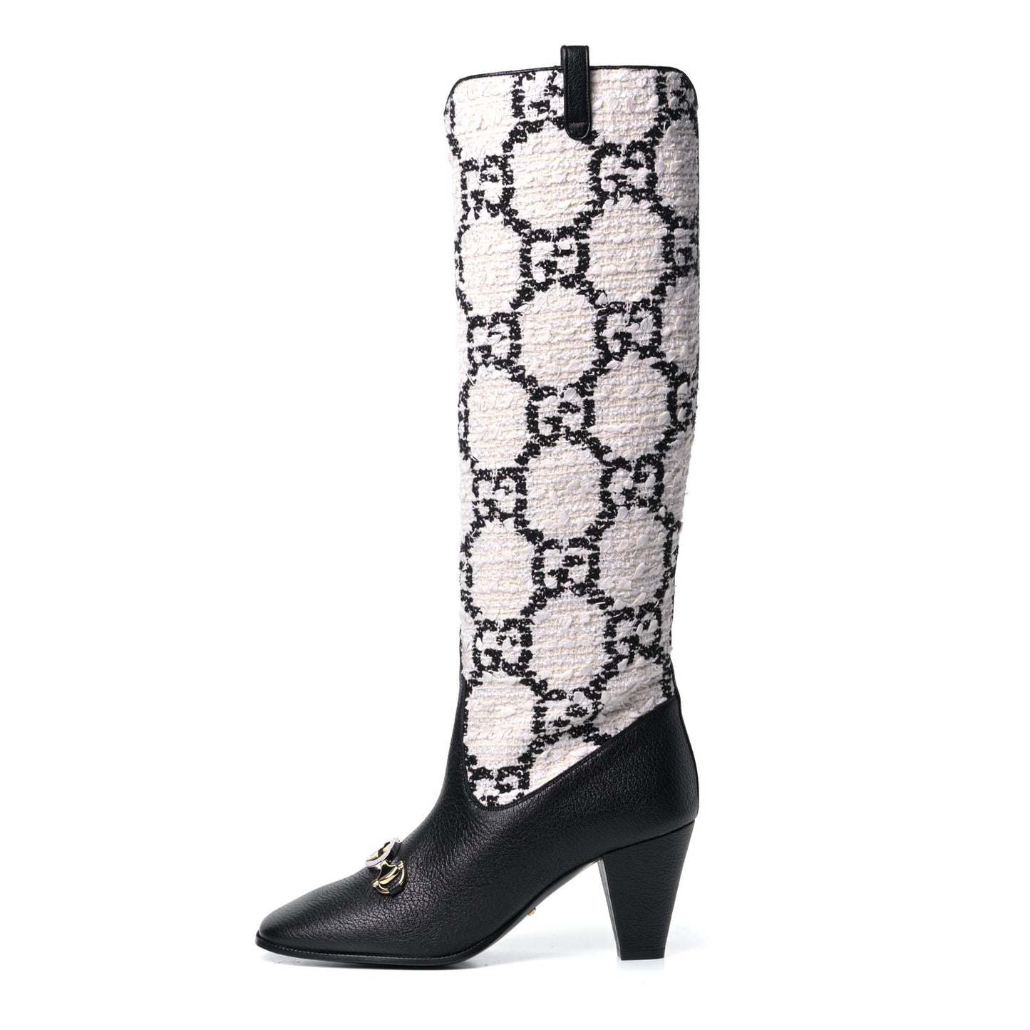 Tweed GG Monogram Wrinkled Kid Zumi Knee Boots 37 Natural Black