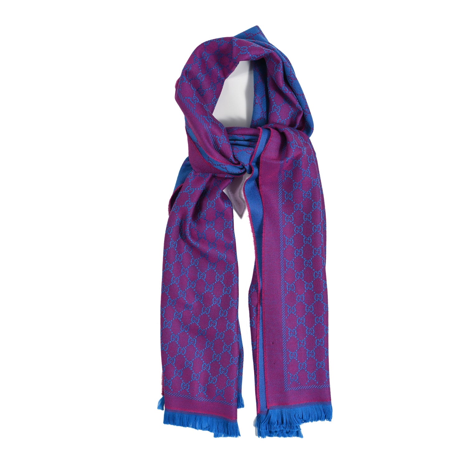 Gucci Wool GG Monogram Reversible New Sten Fringe Scarf Fuxia Sky Blue 1 of 3