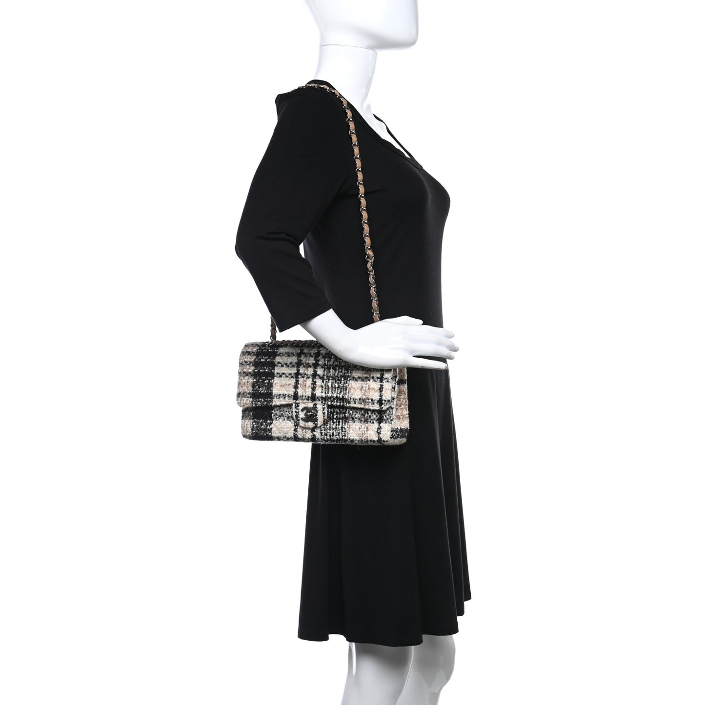 Tweed Quilted Medium Double Flap Beige White Black