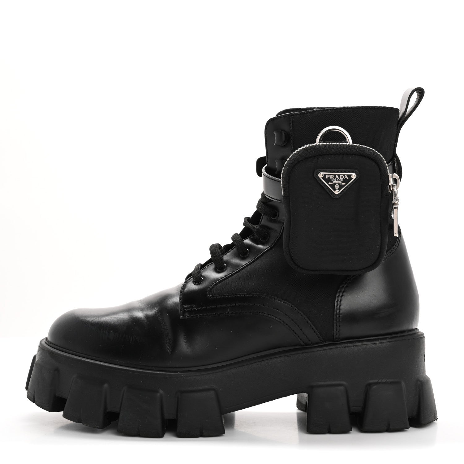 Prada Spazzolato Rois Re-Nylon Metal Triangle Logo Monolith Pouch Pocket 55mm Boots 41 Black 1 of 12