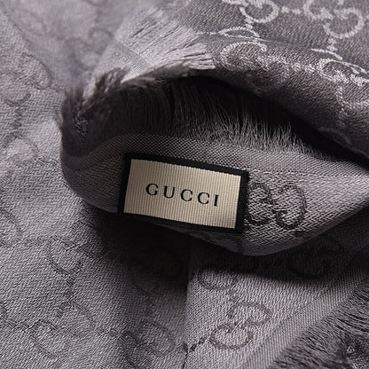 Gucci Wool Silk Monogram GGWeb Fringe Shawl Pearl Medium Grey 3 of 4
