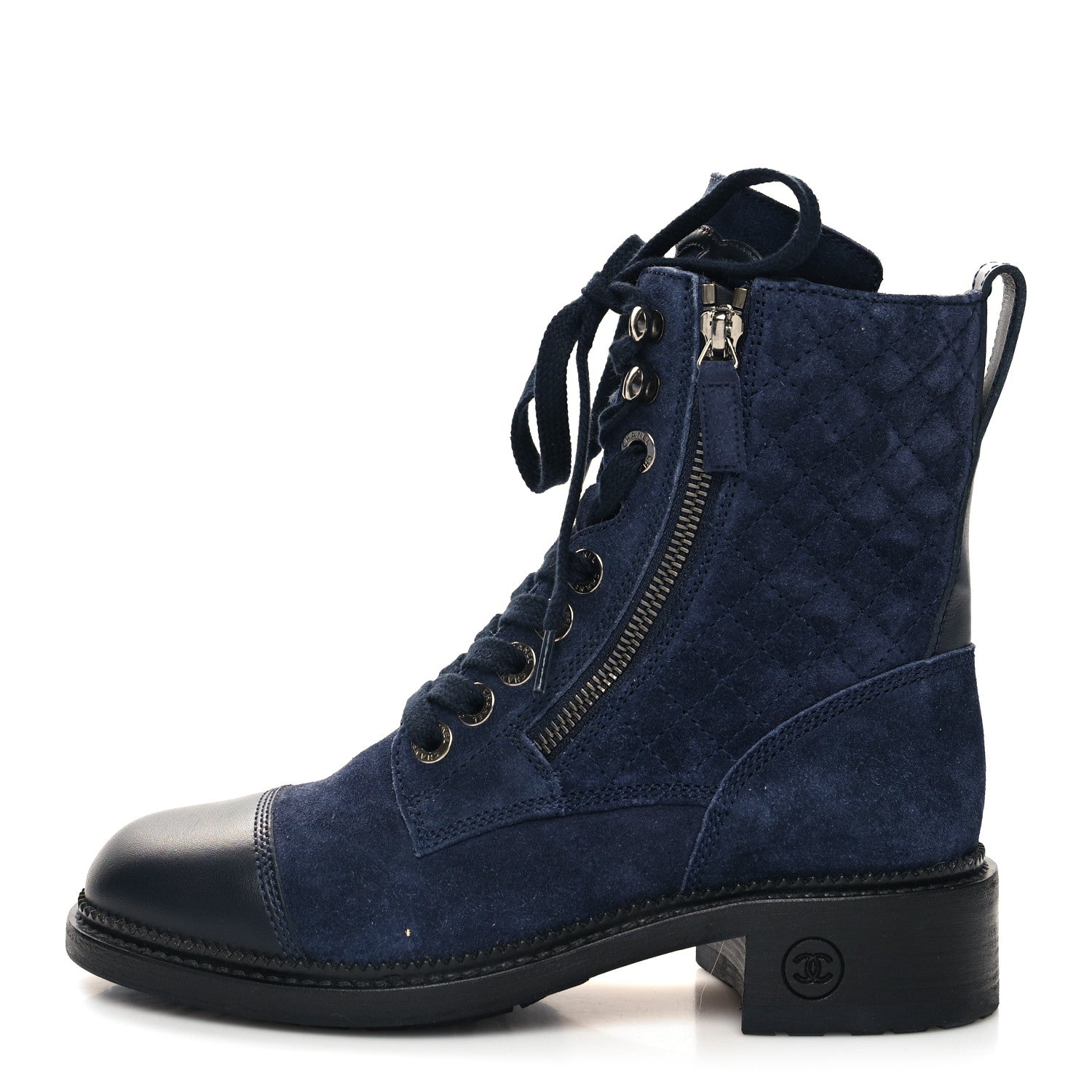 Chanel Suede Quilted CC Lace Up Combat Boots 36 Navy Black 1 of 9
