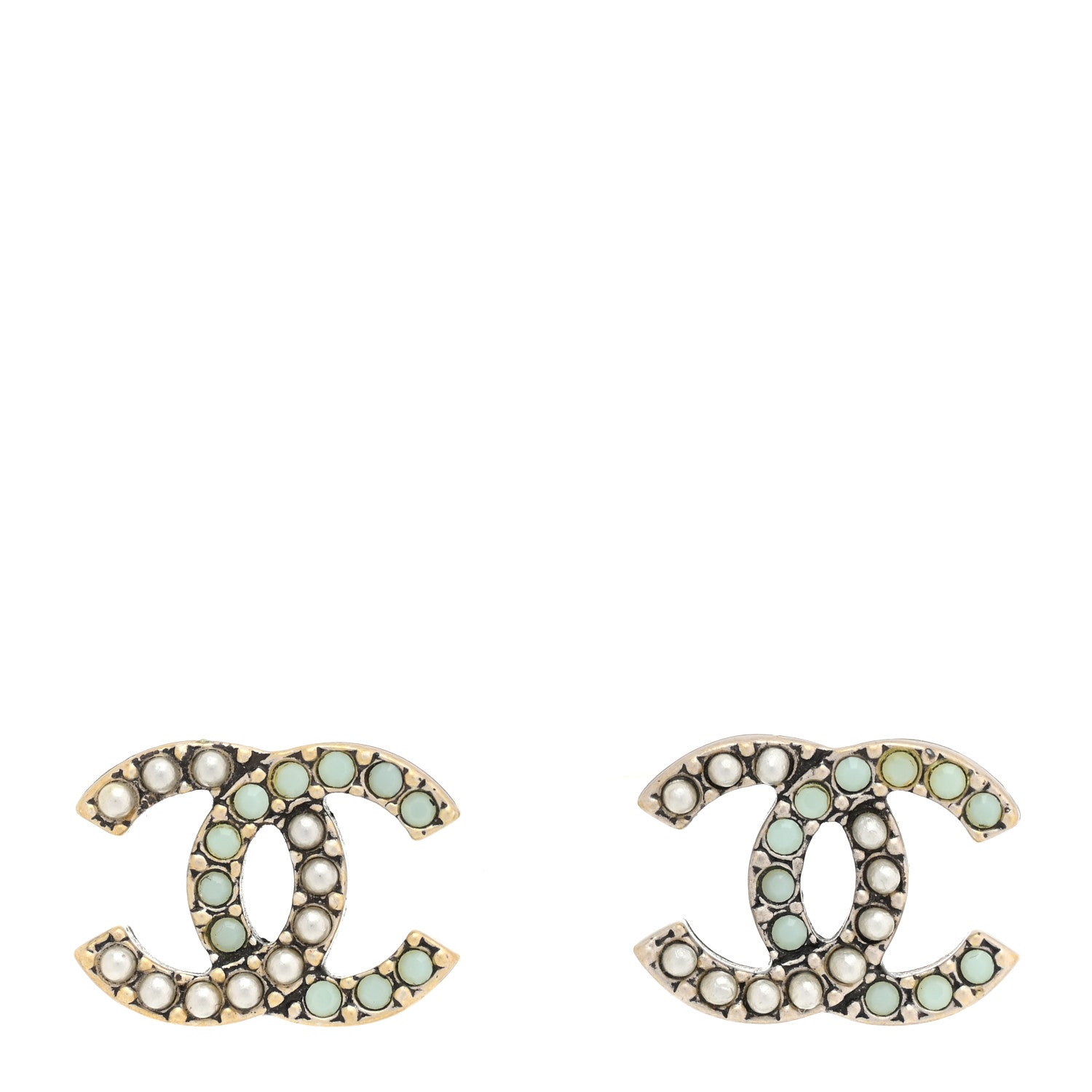 Chanel Ruthenium Pearl Pearl CC Earrings Silver Green 1 of 10