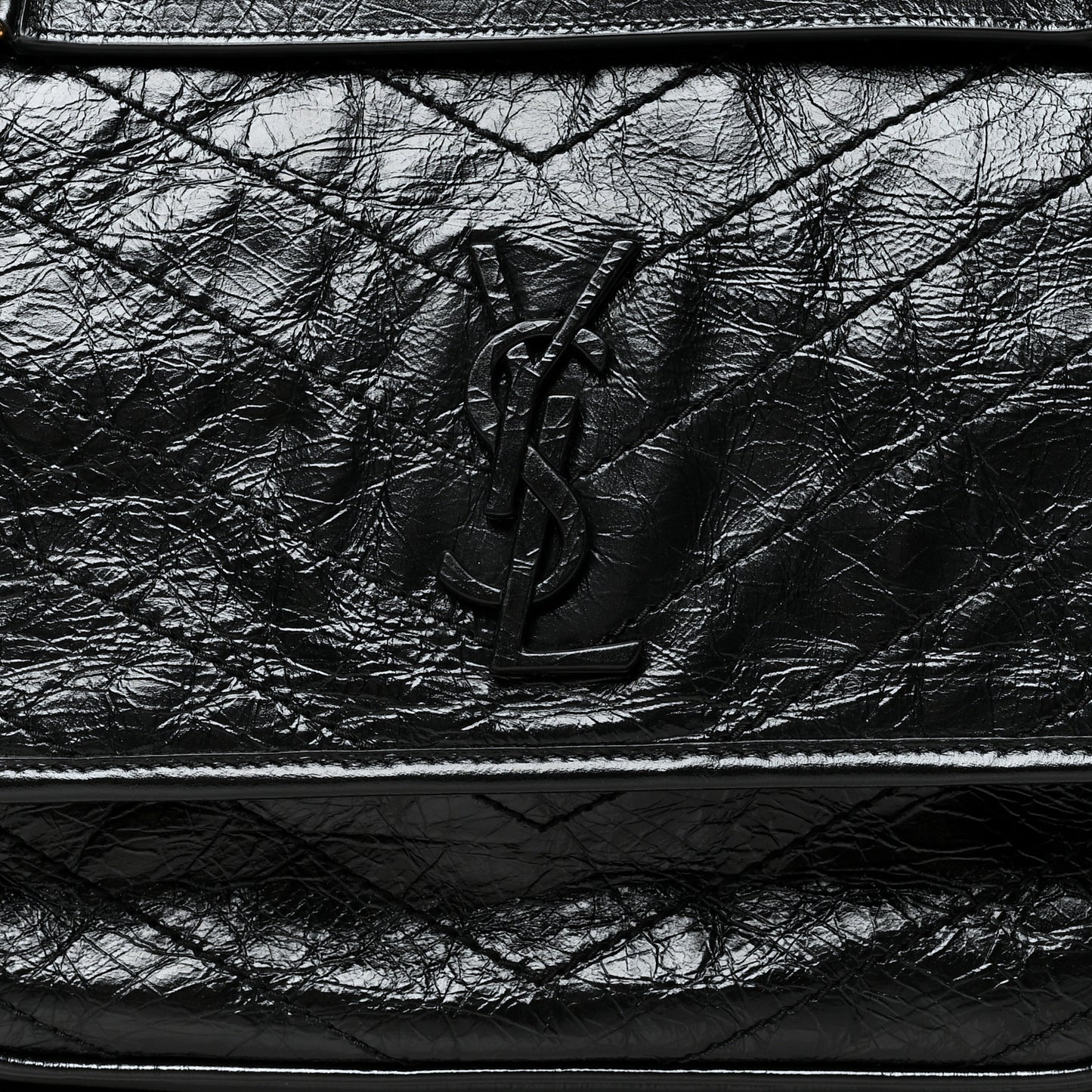 Crinkled Calfskin Matelasse Monogram Medium Niki Chain Satchel Black