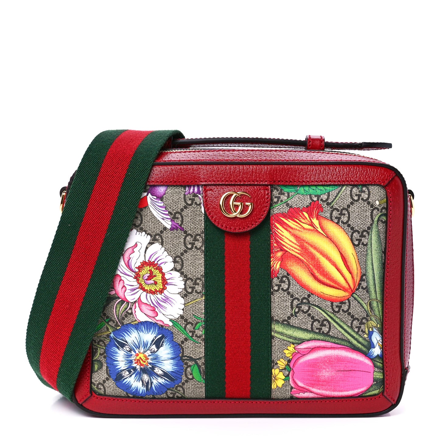 GG Supreme Monogram Flora Web Small Ophidia Top Handle Shoulder Bag Hibiscus Red