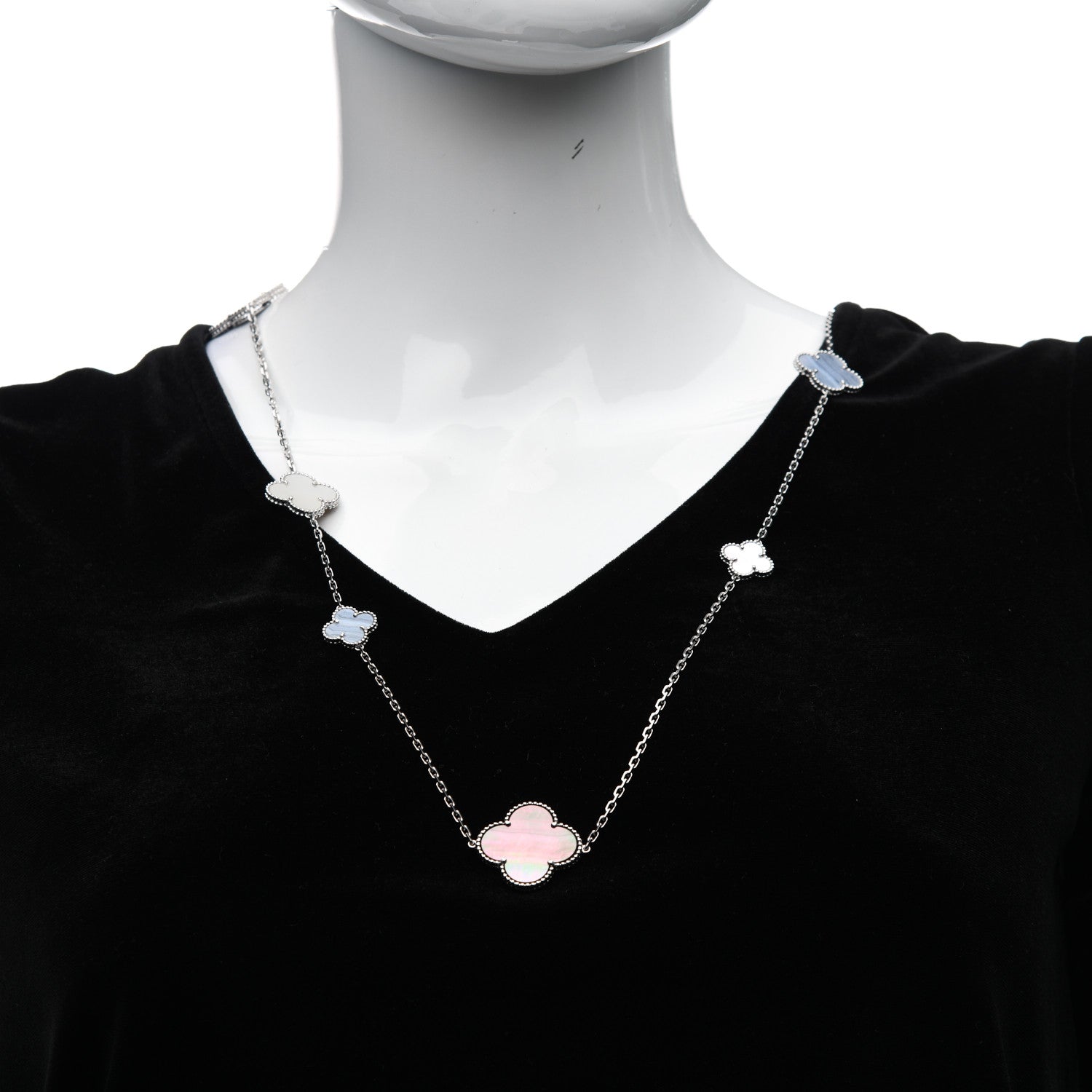Van Cleef & Arpels 18K White Gold Mother of Pearl Chalcedony 16 Motifs Magic Alhambra Necklace 2 of 5