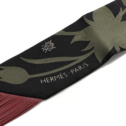 Hermes Silk Calfskin Bouquet Final Fringed Twilly Vert Loden Black 8 of 10