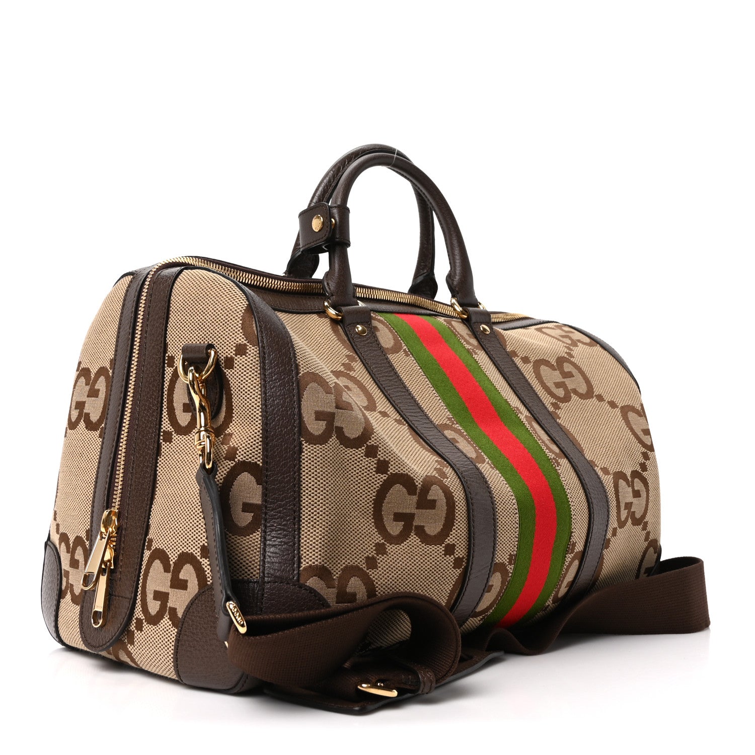 Gucci Monogram Jumbo GG Textured Dollar Calfskin Web Medium Duffle Bag Camel Ebony 2 of 9