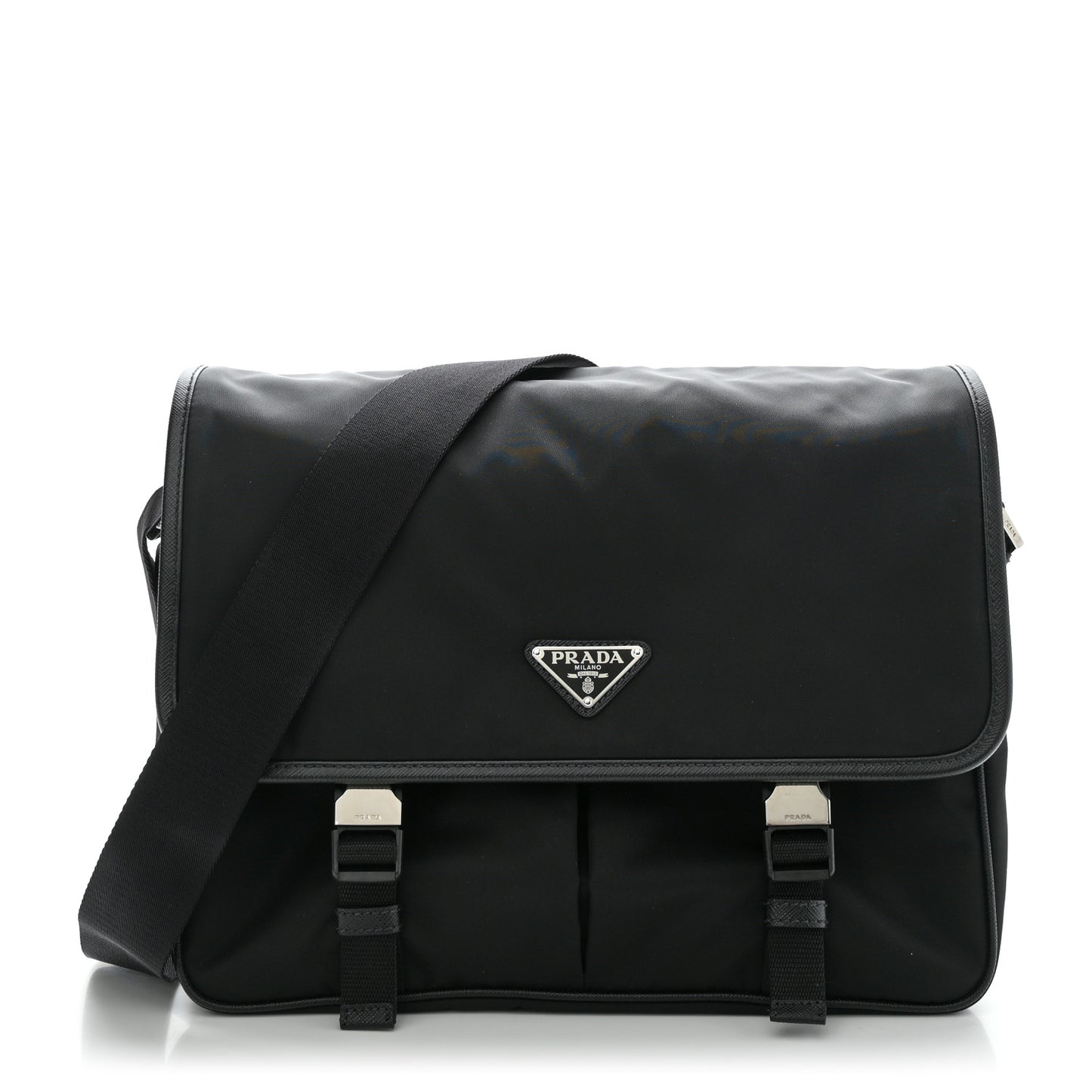 Tessuto Nylon Saffiano Large Double Snap Buckle Messenger Bag Black