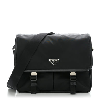 Prada Tessuto Nylon Saffiano Large Double Snap Buckle Messenger Bag Black 1 of 9