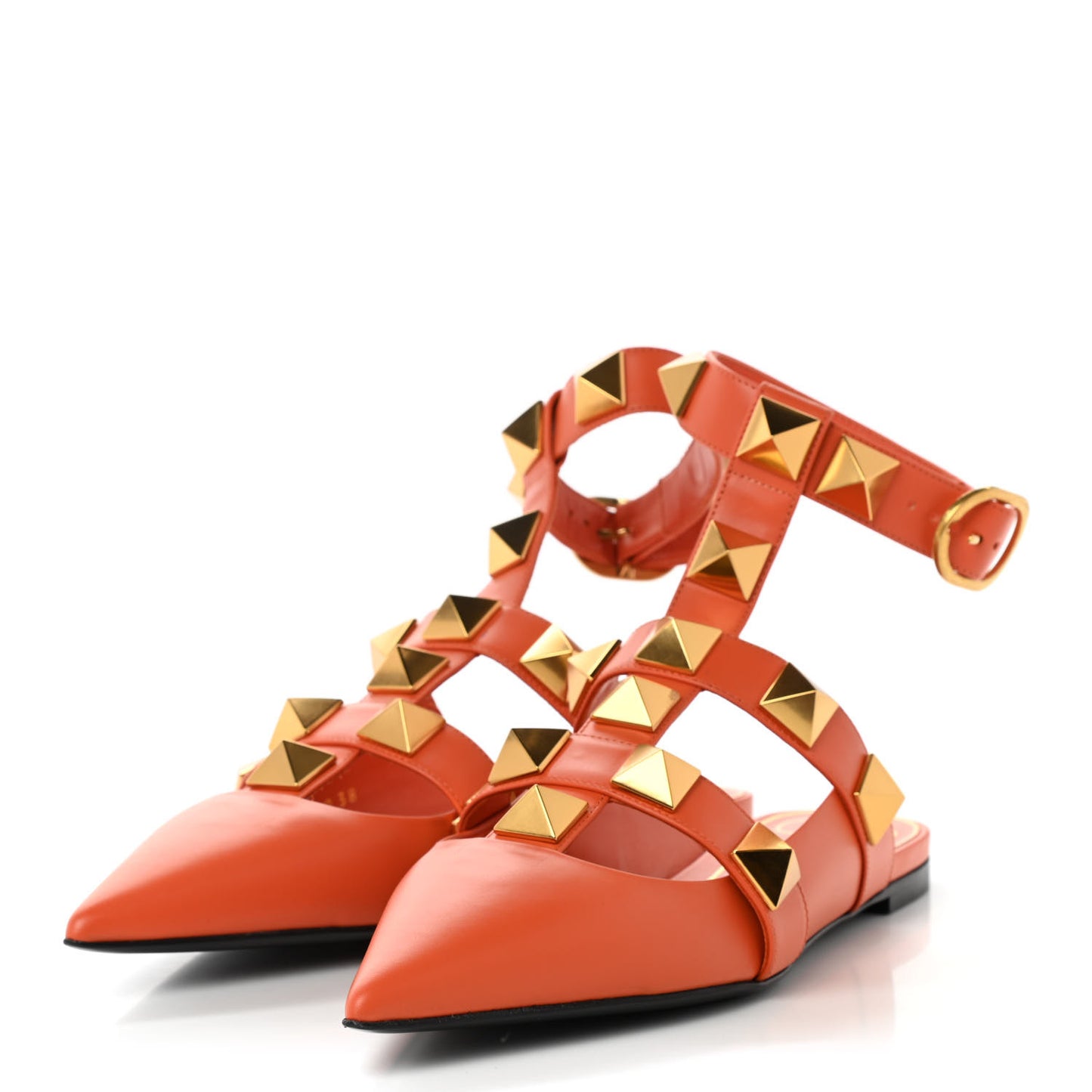 Calfskin Roman Stud Ankle Strap Flat Mules 38 Orange Zest